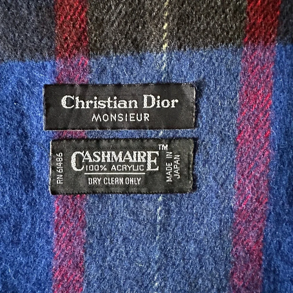 Christian Dior Monsieur Vintage Blue Plaid Cashmaire Scarf Made in Japan Fringe